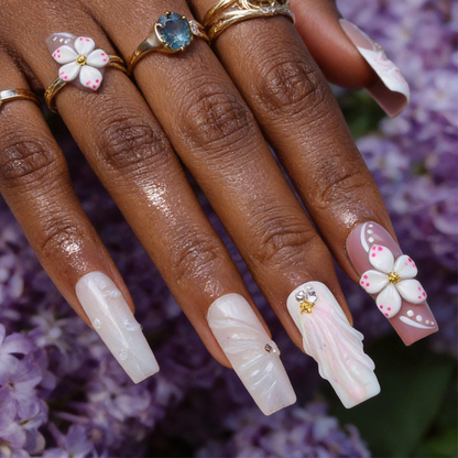 Seashell Bloom-Nude & White Medium Square Press-Ons with 3D Floral & Seashell Accents