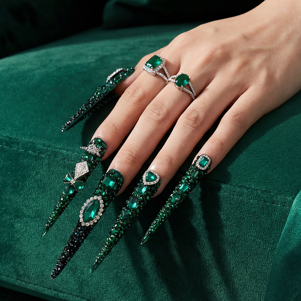 Emerald Bling-Deep Green Extra Long Stiletto Press-Ons with Full Rhinestone Encrusted Design