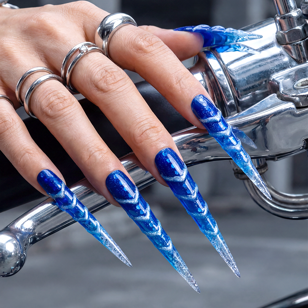Ice Vortex – Cobalt Blue Stiletto Press-Ons with Silver Swirls
