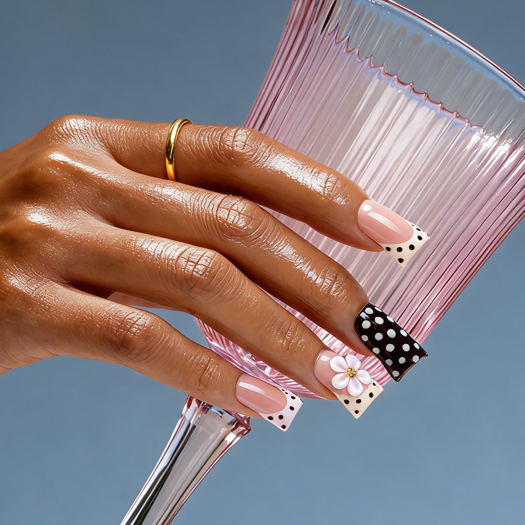Polka Dot Bloom-Pink & Brown Short Duck Press-Ons with 3D Floral & French Tip Accents