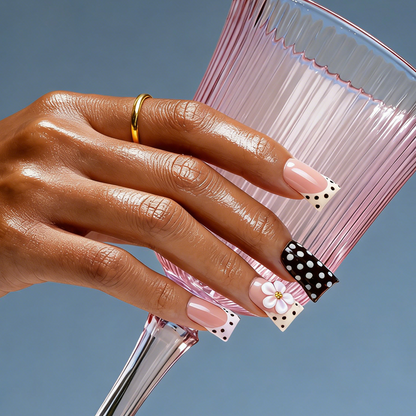 Polka Dot Bloom-Pink & Brown Short Duck Press-Ons with 3D Floral & French Tip Accents