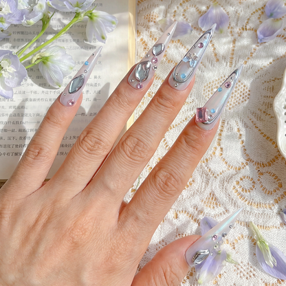 Aurora Crystal – Iridescent Mint Stiletto Press-Ons with Mixed Rhinestone Accents