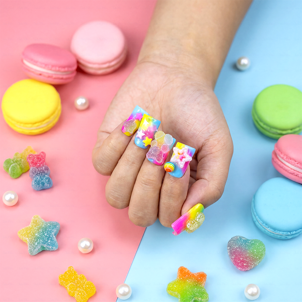 Candy Pop – Neon Rainbow Short Duck Press-Ons with 3D Gummy Bear & Lollipop Charms