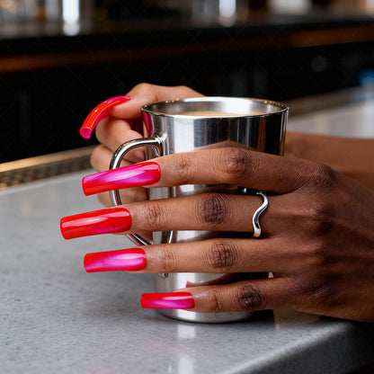 Neon Magenta Glow-Red & Pink Long Downward Curved Press-Ons with Mirror Gloss Finish