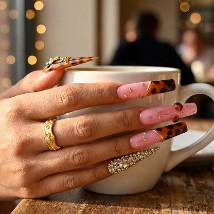 Tortie Cherry – Long Stiletto Press-Ons with Tortoiseshell & Cherry Accents