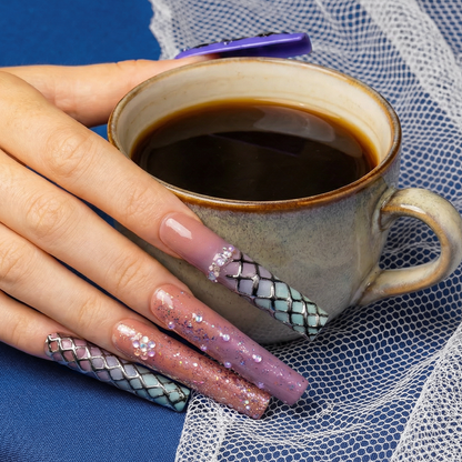 Mystic Gradient – Multi-Tone Long Square Press-Ons with Chrome & Glitter Accents