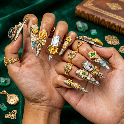 Made-to-Order | Imperial Jade Baroque – Sage Glitter Long Stiletto Press-Ons with Gold Vintage Gem Charms