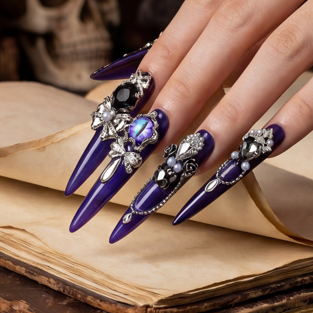 Noir Amethyst – Satin Purple Stiletto Press-Ons with Dark Crystal & Chain Charms