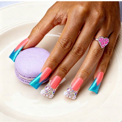 Mermaid V French-Nude & Turquoise Short Duck Press-Ons with V-Tip & Iridescent Rhinestone Accents