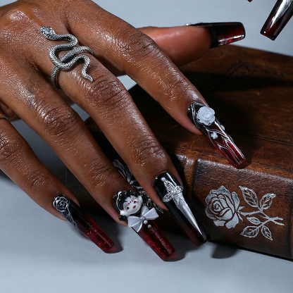 Goth Doll-Black & Red Long Square Water Press-Ons with 3D Doll & Snake Charms