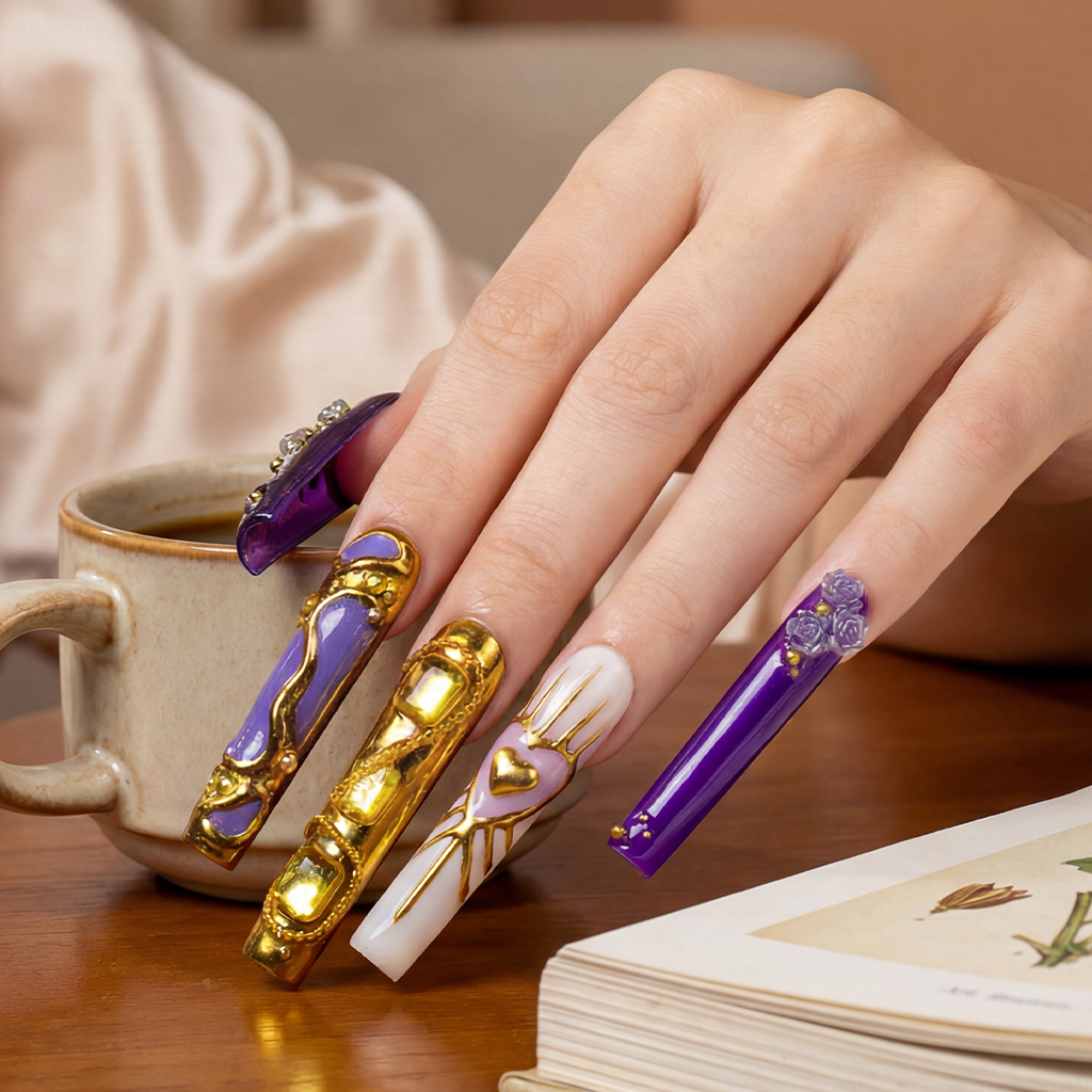 Royal Opulence – Purple & Gold Long Square Press-Ons with 3D Baroque Charms