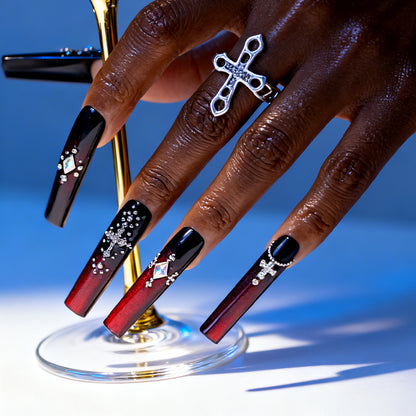 Goth Royal Black & Red Long Square Press-Ons with Crown & Cross Charms