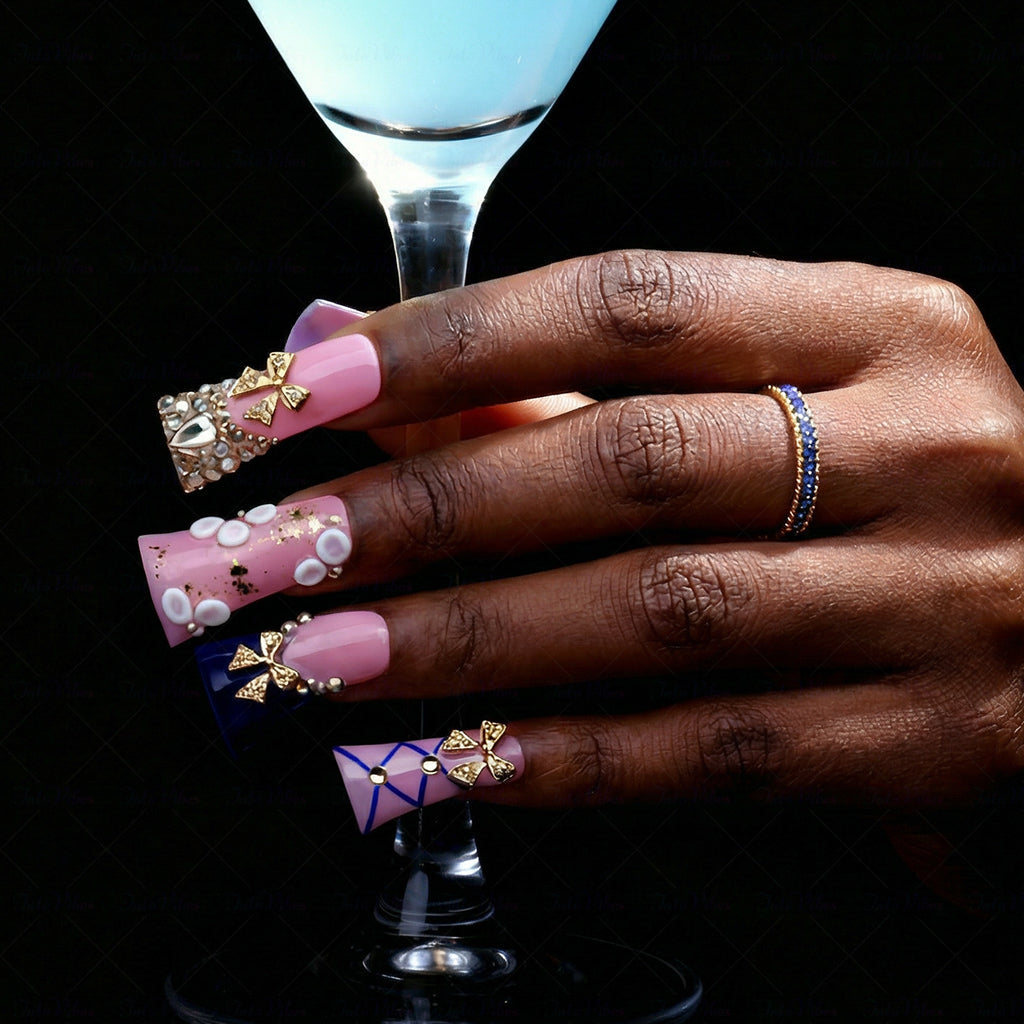 Gold Bow Lolita – Pink & Navy Blue Long Duck Press-Ons with Gold Bow & Rhinestone Accents