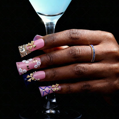 Gold Bow Lolita – Pink & Navy Blue Long Duck Press-Ons with Gold Bow & Rhinestone Accents