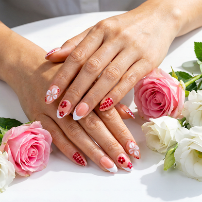 Red Leopard Bloom – Nude Red Short Almond Press-Ons with 3D Floral & Leopard Print Accents