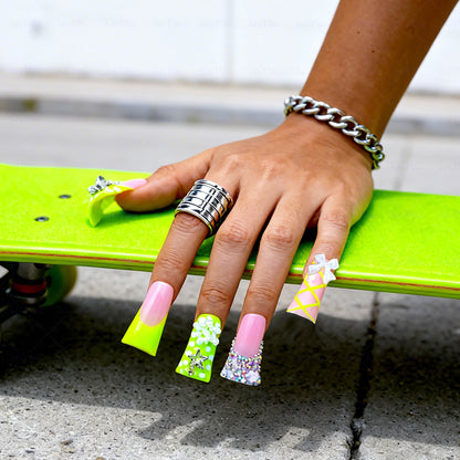 Neon Sweetie-Pink & Neon Green Long Duck Press-Ons with 3D Star & Bow Charms