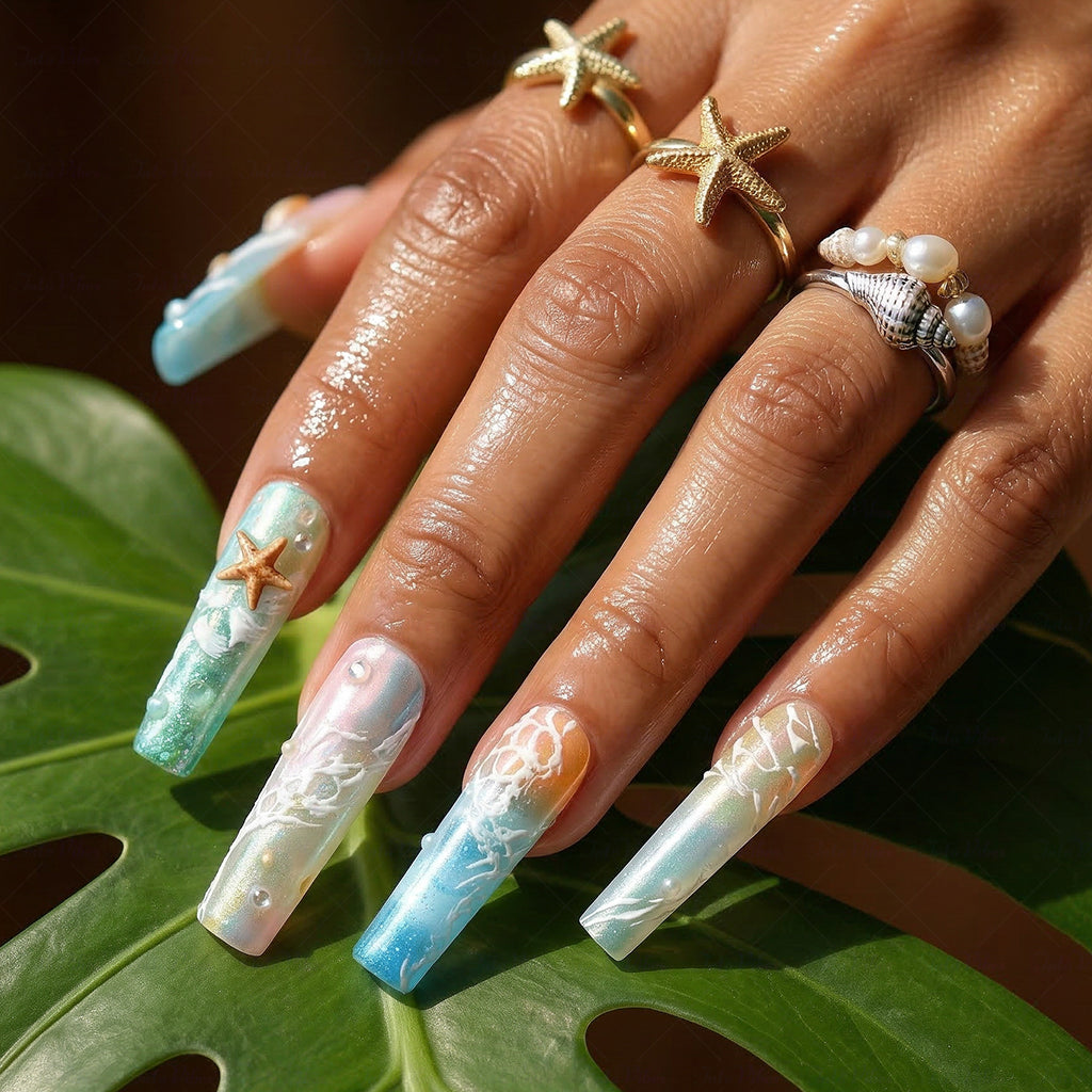 Beach Wave Pastel Rainbow Long Square Water Press-Ons with Hand-Painted Ocean & Starfish Accents