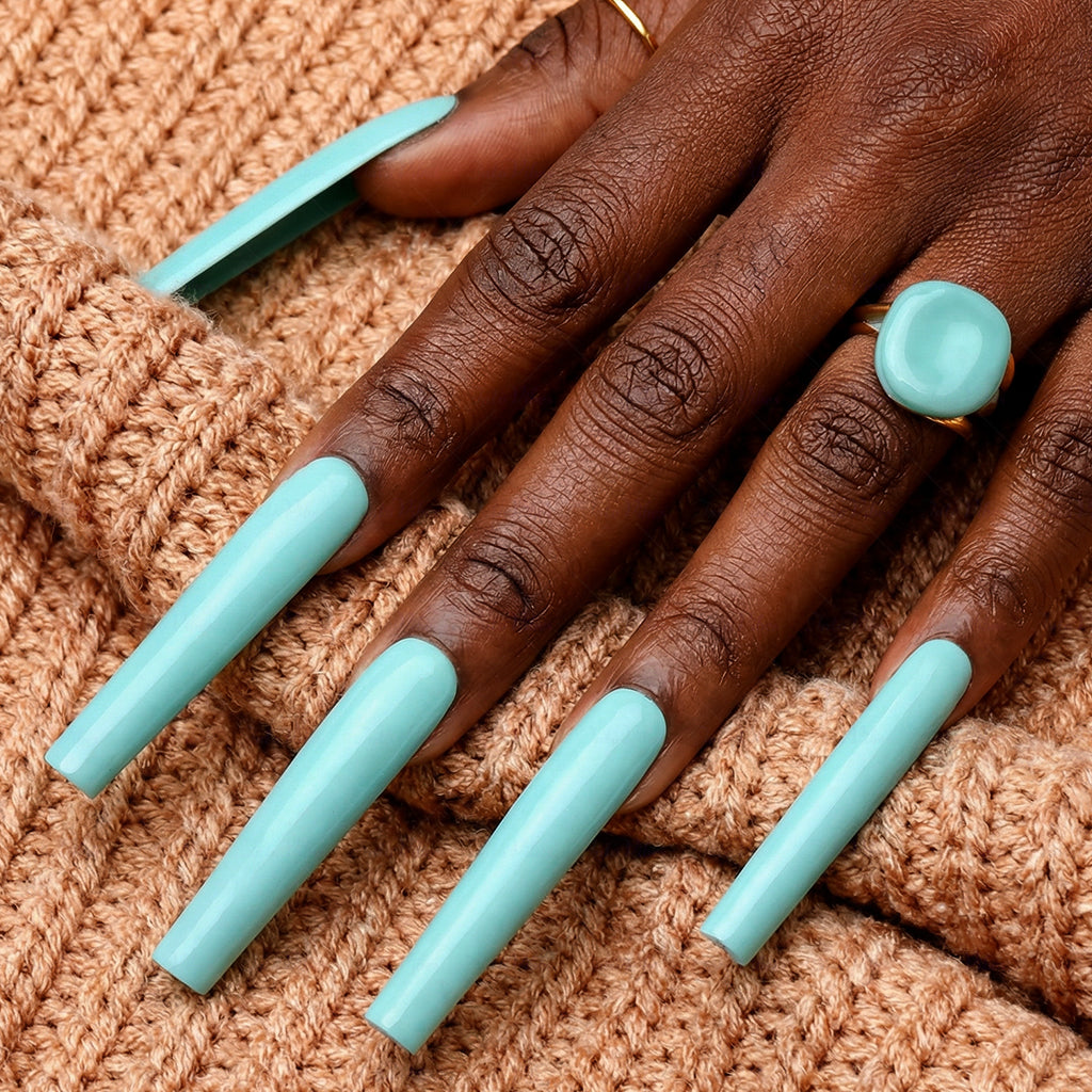 Tiffany Blue – Light Blue Long Square Press-Ons with High Gloss Solid Finish