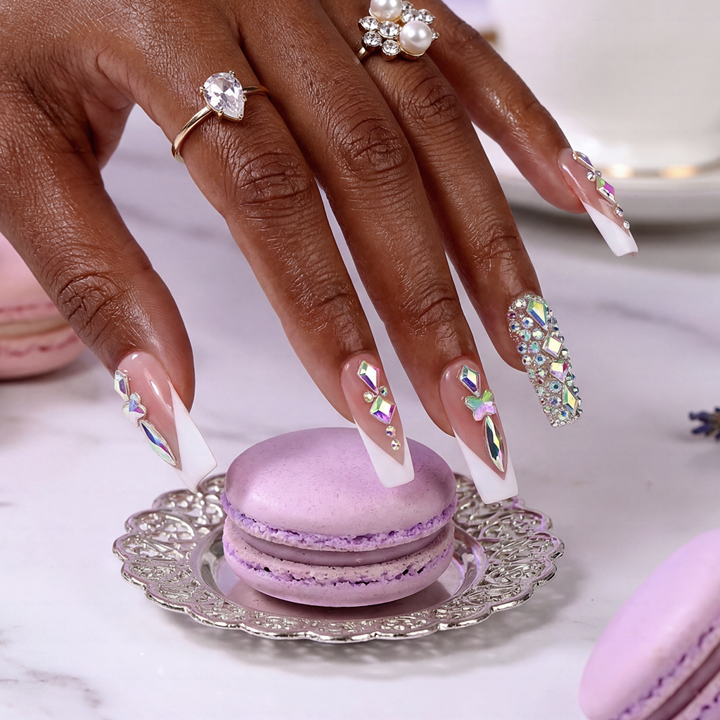 Rainbow V French-Nude & White Medium Square Press-Ons with V-Tip & Iridescent Rhinestone Accents
