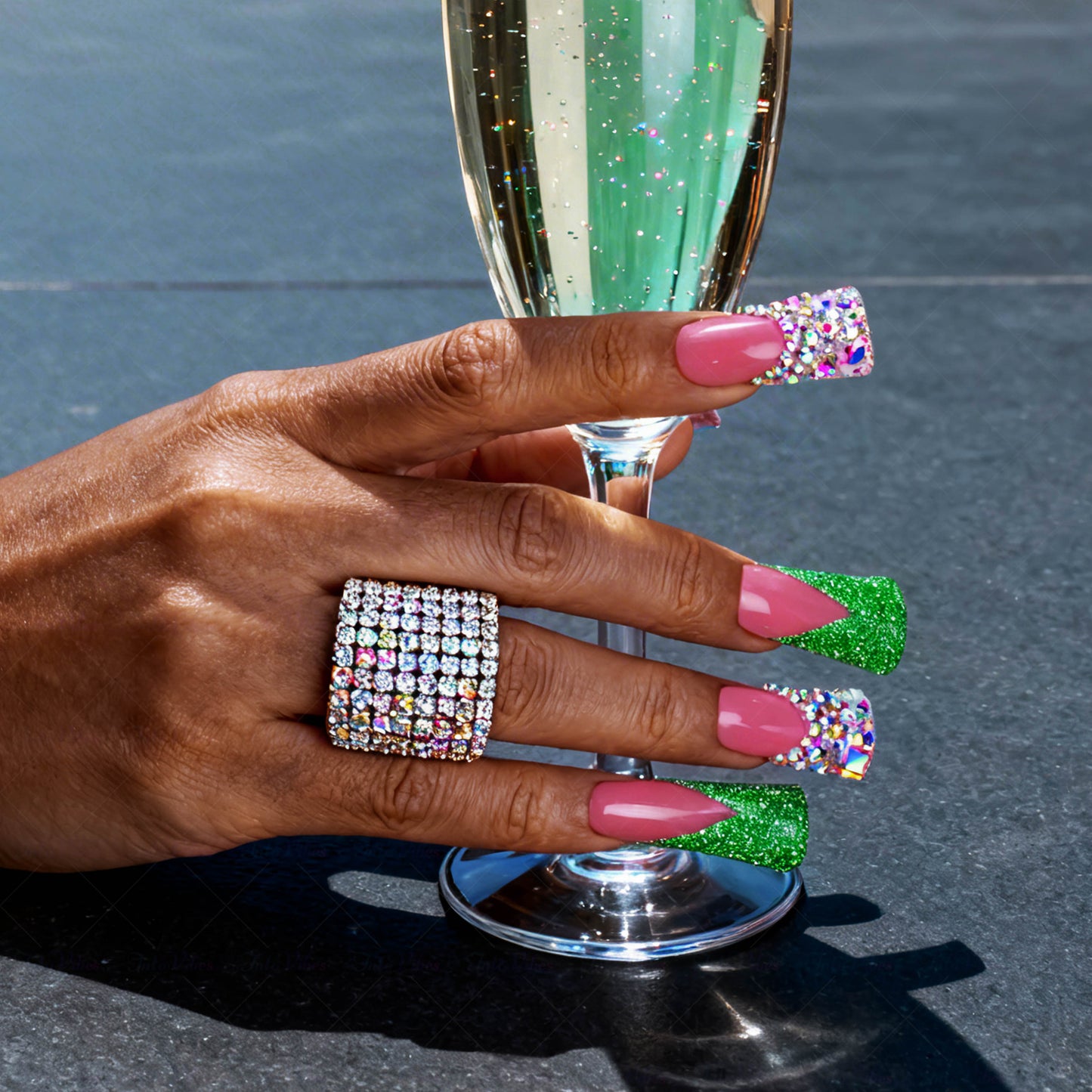 Emerald V French-Nude & Green Long Duck Press-Ons with V-Tip & Iridescent Rhinestone Accents