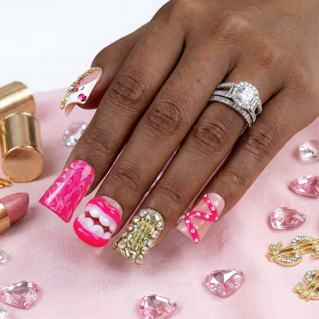 Baddie Lip – Hot Pink Short Duck Press-Ons with 3D Lip & Dollar Sign Charms