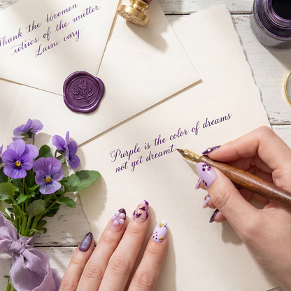 Lilac Wild – Lavender Purple Short Almond Press-Ons with Leopard Print & 3D Floral Accents
