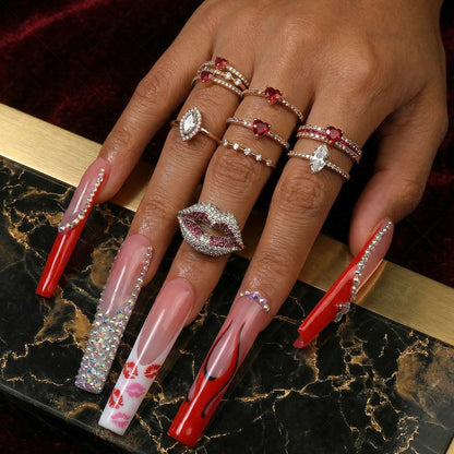 Lip Print French  Red & Nude Long Square Press-Ons with Lip Accents & Rhinestone Details