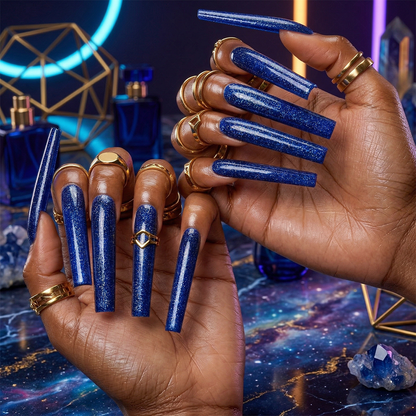 Midnight Galaxy – Deep Blue & Silver Glitter Long Square Press-Ons