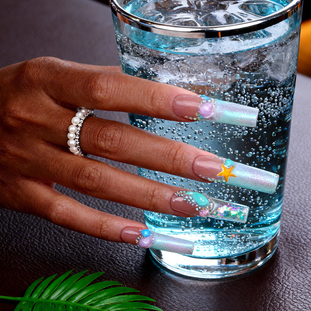 Mermaid Ocean Nude & Blue Long Square Water Press-Ons with 3D Octopus & Seashell Charms