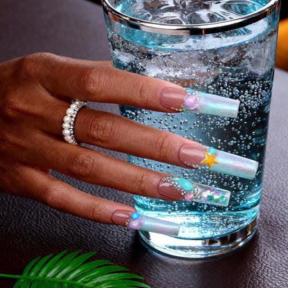 Mermaid Ocean Nude & Blue Long Square Water Press-Ons with 3D Octopus & Seashell Charms