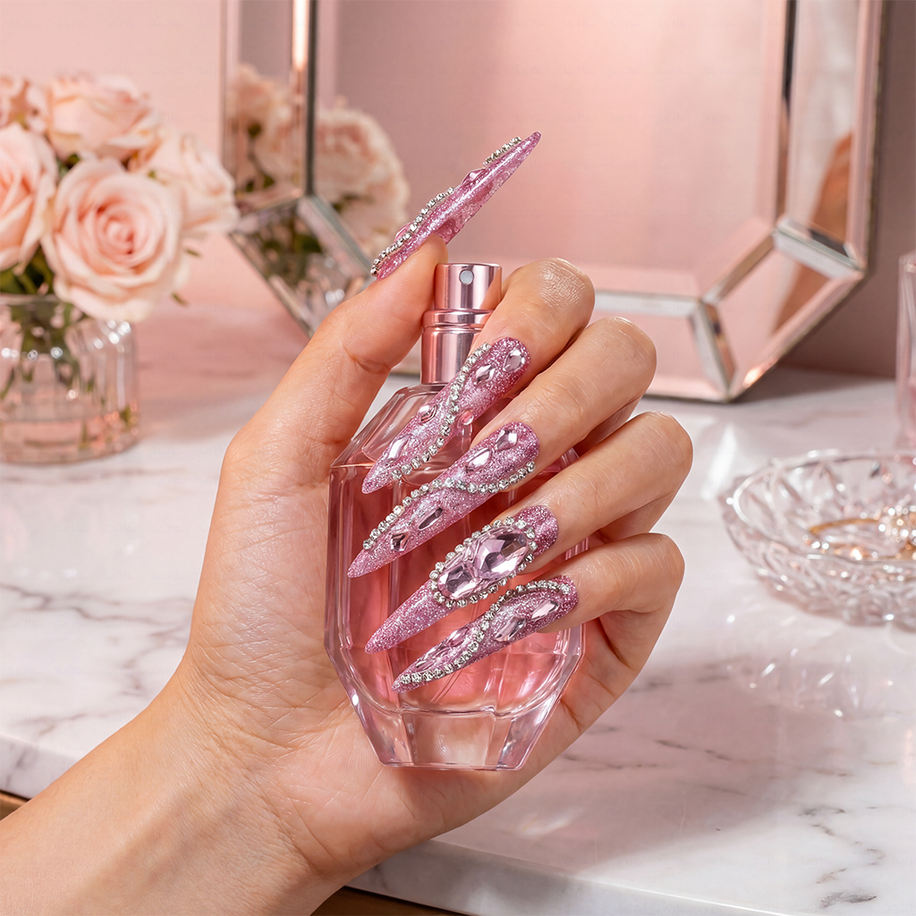 Pink Glitz Twist – Glitter Pink Stiletto Press-Ons with Rhinestone Swirls