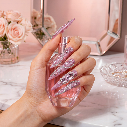 Pink Glitz Twist – Glitter Pink Stiletto Press-Ons with Rhinestone Swirls