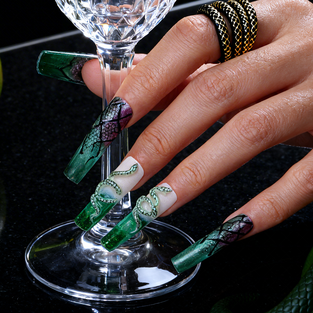 Snake Scale  Green & Purple Long Square Water Press-Ons with 3D Snake & Cracked Print Accents