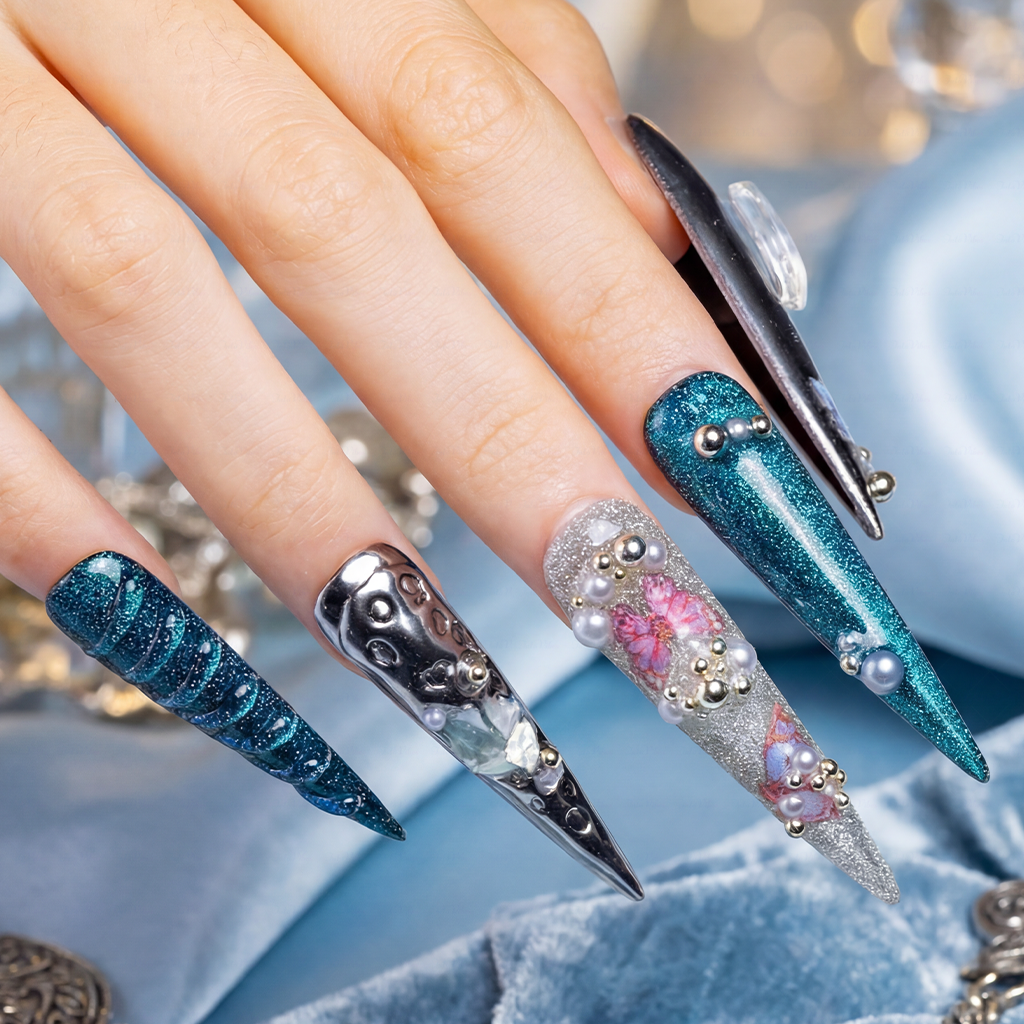 Ocean Chrome – Teal & Silver Stiletto Press-Ons with Crystal Accents