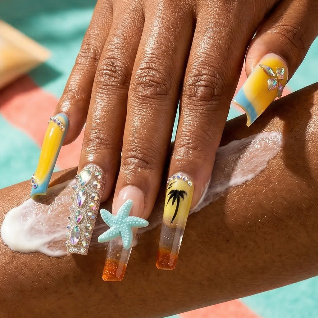 Sunset Beach-Orange & Yellow Long Square Water Press-Ons with 3D Starfish & Palm Tree Accents