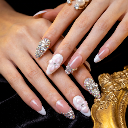 Bridal Blush – Nude Pink Short Almond Press-Ons with French Tips & Full Rhinestone Accents