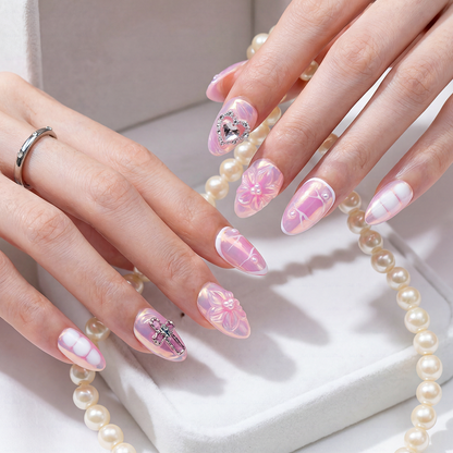 Aurora Bloom – Iridescent Pink Short Almond Press-Ons with 3D Floral & Heart Rhinestone Charms