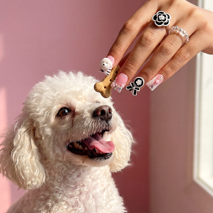 Puppy Princess-Soft Pink Short Duck Press-Ons with 3D Poodle & Camellia Bow Charms