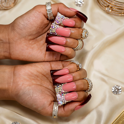 Chocolate V French – Nude & Brown Long Duck Press-Ons with Iridescent Rhinestone Accents