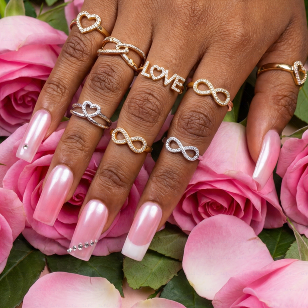 Aurora Blush – Pink & White Medium Square Press-Ons with Crystal Accents