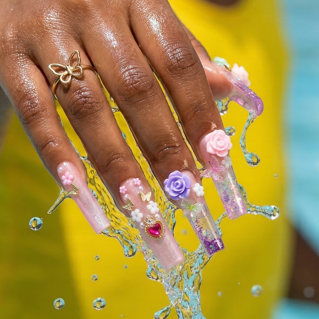 Rose Fairy  Nude & Purple Long Square Water Press-Ons with 3D Rose & Butterfly Charms