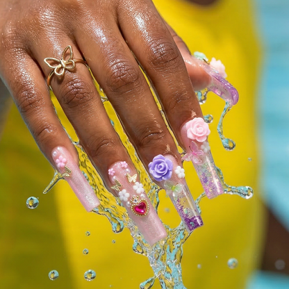 Rose Fairy  Nude & Purple Long Square Water Press-Ons with 3D Rose & Butterfly Charms