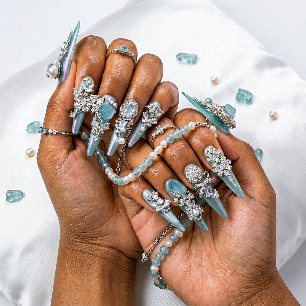 Made-to-Order | Aqua Crystal Princess – Turquoise Glossy Long Stiletto Press-Ons with Silver Rhinestone