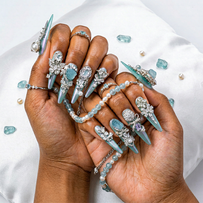 Made-to-Order | Aqua Crystal Princess – Turquoise Glossy Long Stiletto Press-Ons with Silver Rhinestone