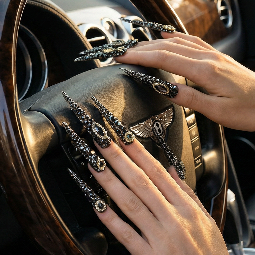 Noir Bling – Gunmetal Black Long Stiletto Press-Ons with Full Rhinestone & Vintage Gold Accents