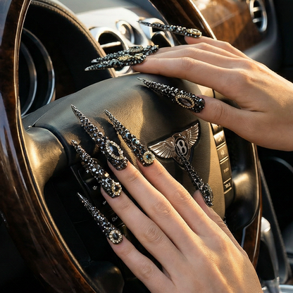 Noir Bling – Gunmetal Black Long Stiletto Press-Ons with Full Rhinestone & Vintage Gold Accents