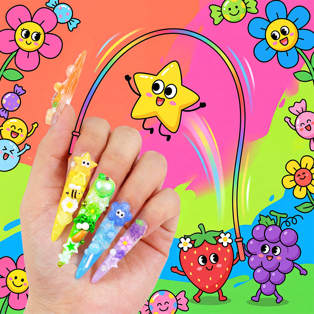 Candy Rainbow-Multi-Color Extra Long Stiletto Press-Ons with 3D Cartoon Fruit & Star Charms