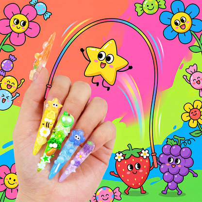 Candy Rainbow-Multi-Color Extra Long Stiletto Press-Ons with 3D Cartoon Fruit & Star Charms