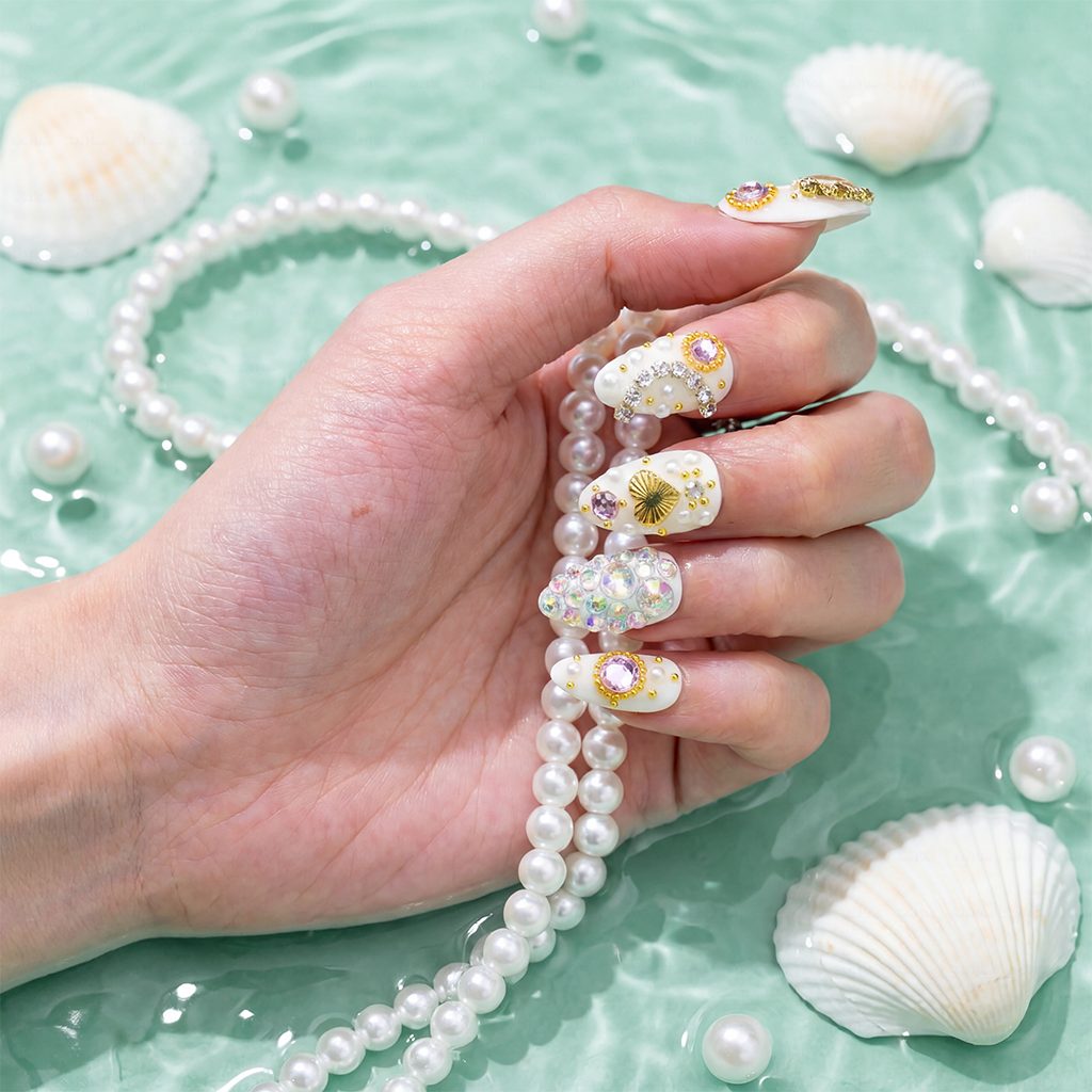 Pearl Glitz – Milky White Short Almond Press-Ons with Heart Gem & Full Rhinestone Accents