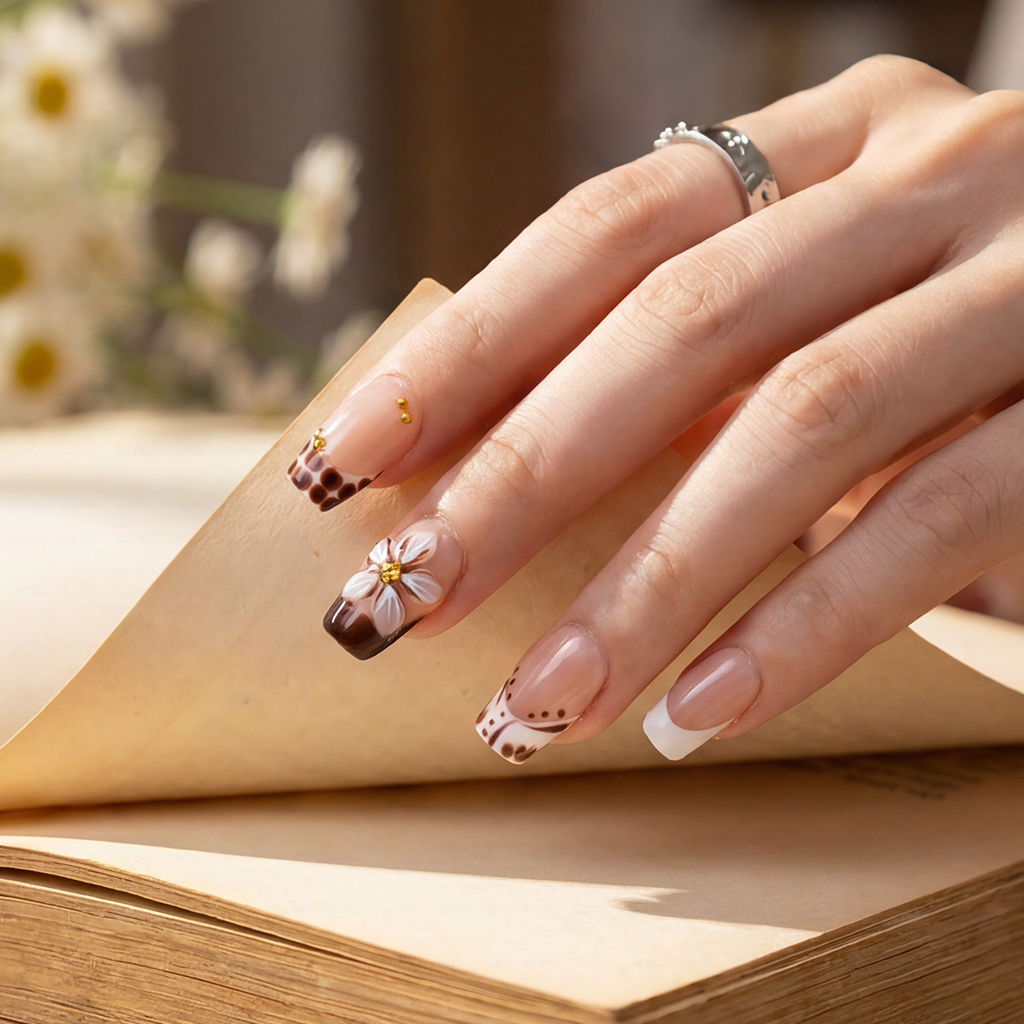 Cocoa Bloom – Nude Brown Short Square Press-Ons with Leopard Print & 3D Floral Accents